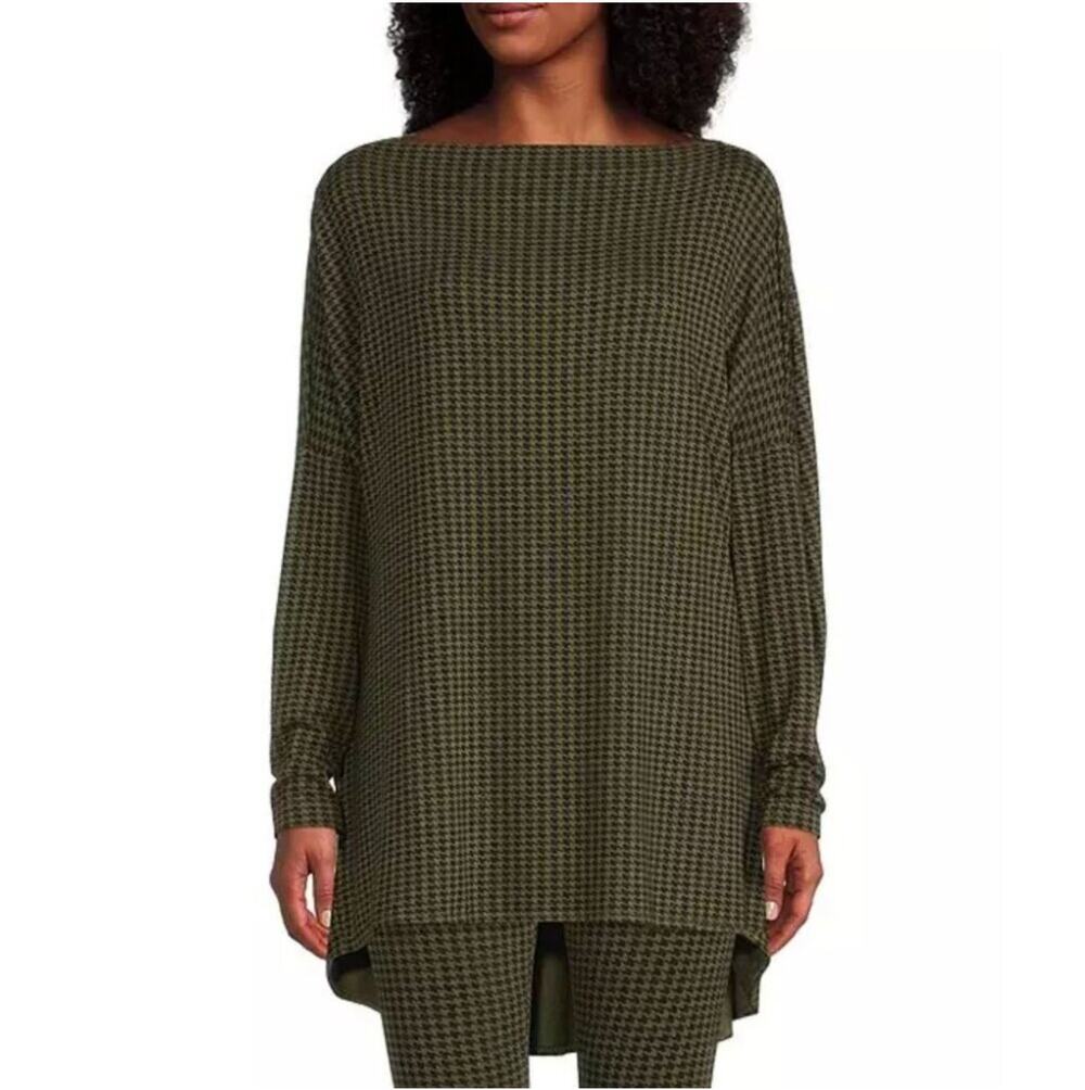 Bryn Walker Tunic Top Womens XL Green Black Houndstooth Dimitri Nicola Pullover